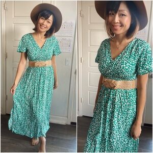 Boho Green Floral Print Butterfly Sleeve shirred Waist Maxi Dress